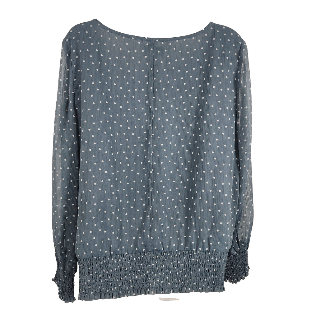 Loft Women Blouse Polka Dot Small Smocked Hem Cuff Long Sheer Sleeve Light Green - Picture 2 of 9